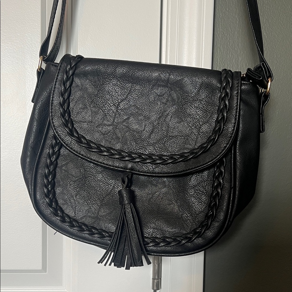 Boho Chic Black Saddle Bag Crossbody with Tassel Accent